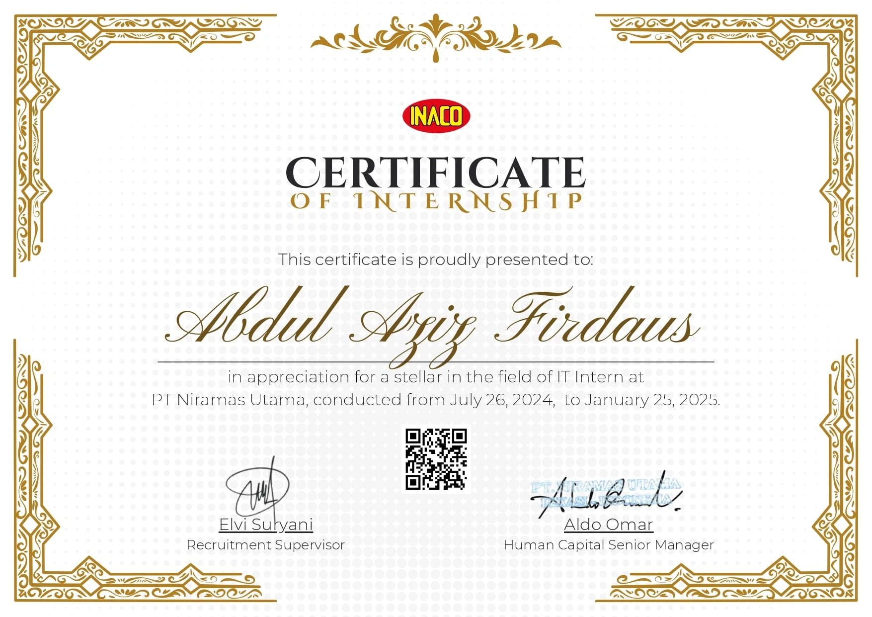 Sertifikat Magang INACO - Web Developer